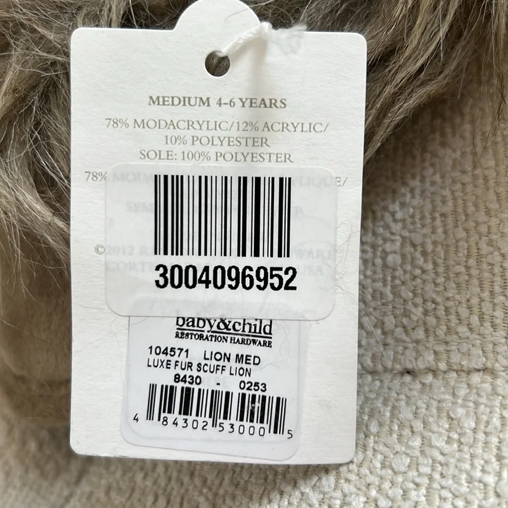 NWT Restoration Hardware Baby&Child Luxe Fur Scuff Lion Slippers Slip on Toddler